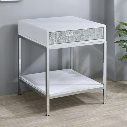 Start2Finish Mirage side table with sleek metal frame and wooden top, perfect for modern living room decor.
