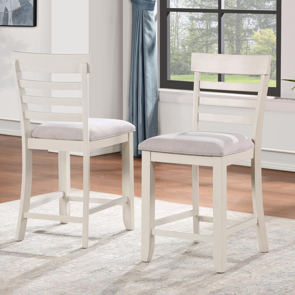 White Hyland 24-inch counter stool by Start2Finish with a modern design and wooden legs, shown in a home kitchen setting.