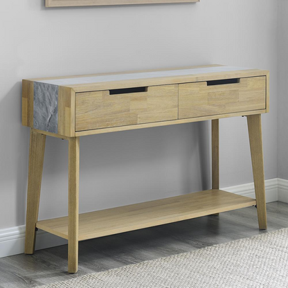 Calgary Sintered Stone Sofa Table by Start2Finish showing a modern rectangular table with a sleek sintered stone surface and wooden legs.