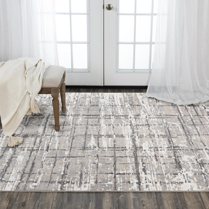 Start2Finish 5x8 hybrid rectangle rug with modern geometric pattern, soft textured surface, in neutral tones.