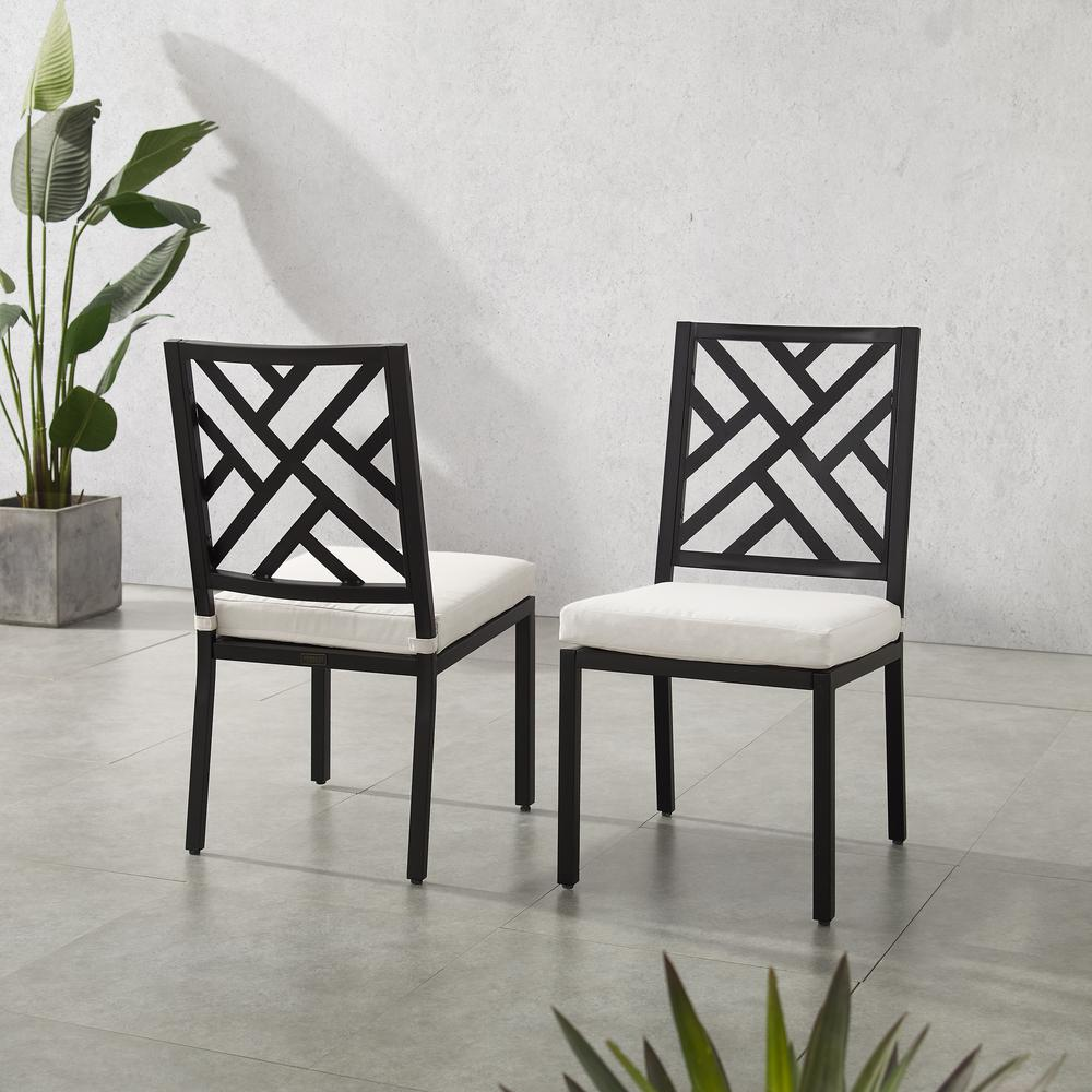 Start2Finish Locke 2-piece outdoor dining chair set with two metal chairs featuring woven seats and backrests for patio use.