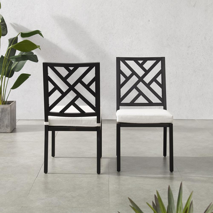 Start2Finish Locke 2-piece outdoor dining chair set with two metal chairs featuring armrests and cushioned seats.