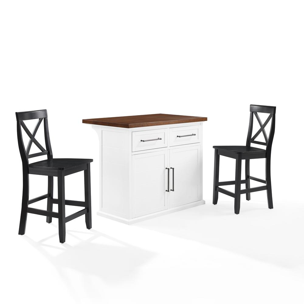 Start2Finish Bartlett wood top kitchen island with X-back stools, showcasing a sturdy furniture piece for modern kitchen decor.