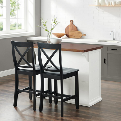 Start2Finish Bartlett wood top kitchen island with X-back stools, showcasing a spacious wooden surface and stylish seating.