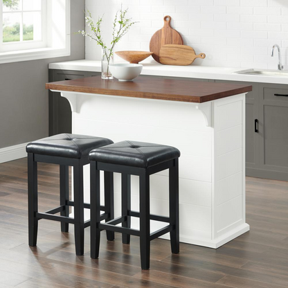 Start2Finish Bartlett wood top kitchen island with square stools, showcasing a spacious kitchen workspace and seating area.