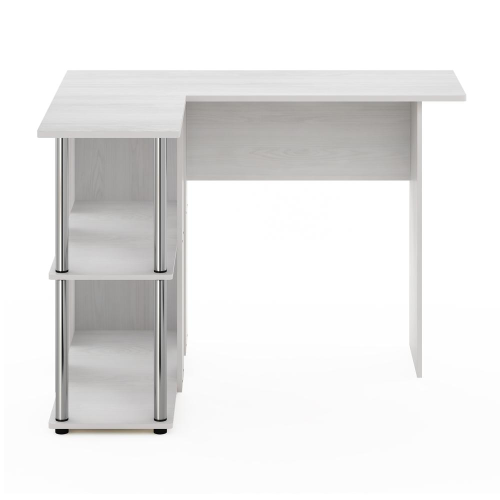 Furinno Abbott L-shape desk with bookshelf in white oak finish and stainless steel tubes, ideal for home office or study space