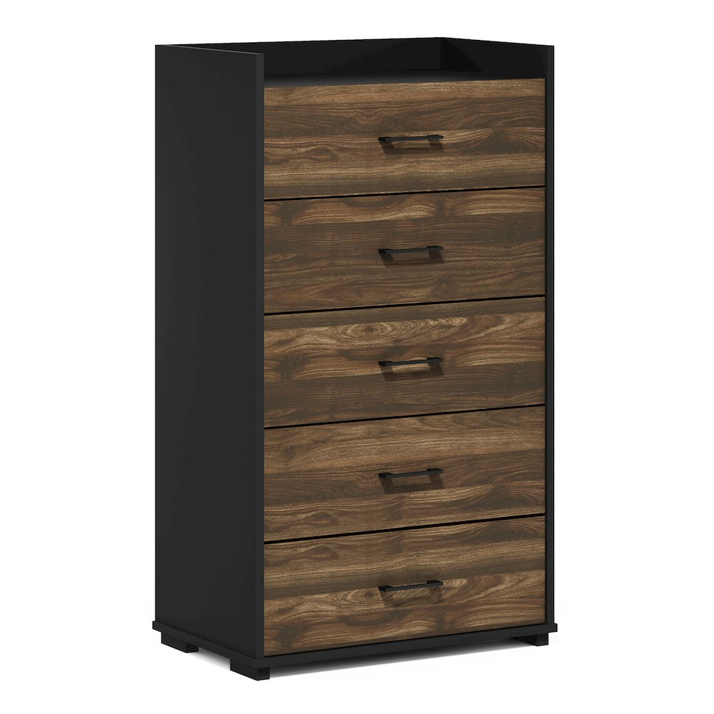 Start2Finish Furinno Tidur bedroom 5-drawer chest dresser in Columbia Walnut and Black, modern furniture with sleek storage design.