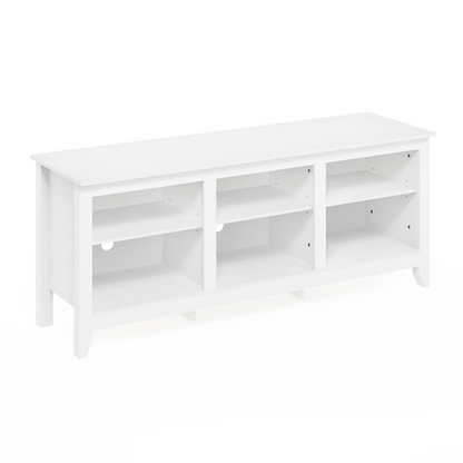 Start2Finish Furinno Jensen TV entertainment center in solid white, designed for TVs up to 65 inches, with open shelving and storage.