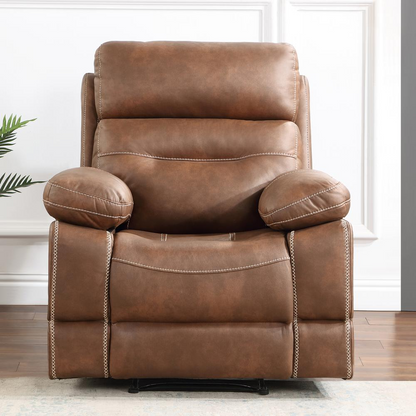 Brown Rudger manual recliner chair by Start2Finish, showing plush fabric upholstery and padded armrests for comfortable seating.