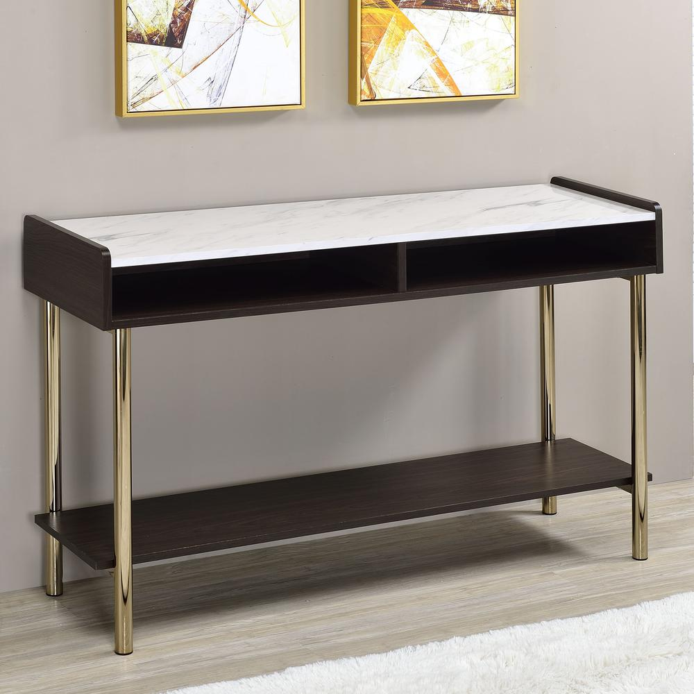 Start2Finish Carrie Sofa Table with a sleek wooden surface and modern design, ideal for living room decor.