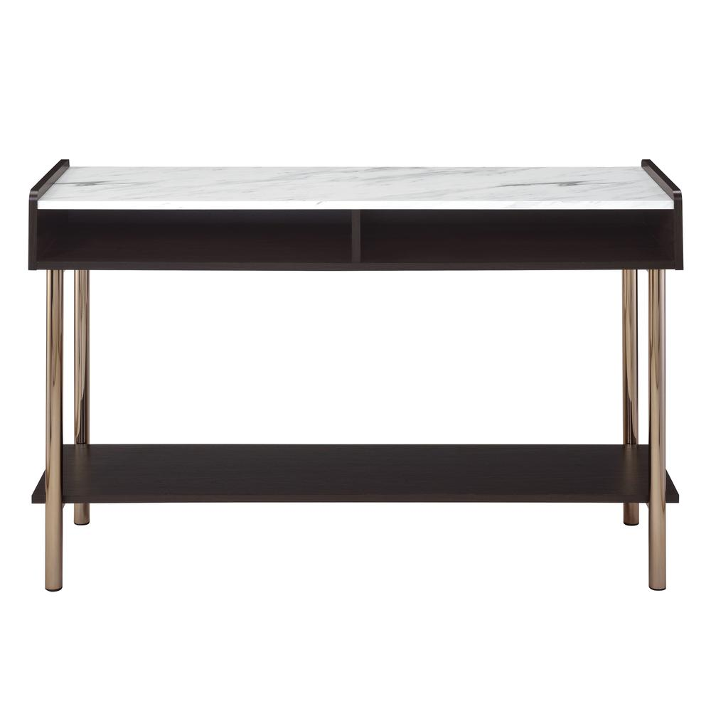 Start2Finish Carrie Sofa Table with wooden top and metal legs, shown in a modern living room setting.