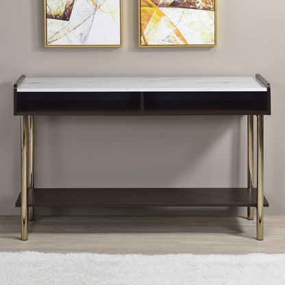Start2Finish Carrie Sofa Table with wooden top and metal legs, shown in a modern living room setting.
