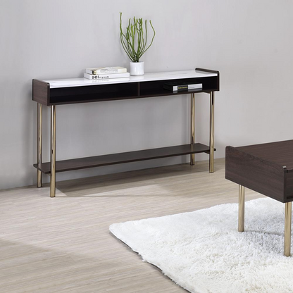Start2Finish Carrie sofa table with wooden top and metal legs, shown in a modern living room setting.