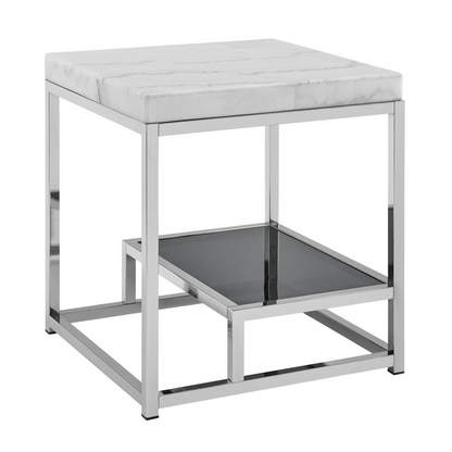 Start2Finish Aston white marble top end table with sleek wooden legs, modern design, and smooth marble surface.