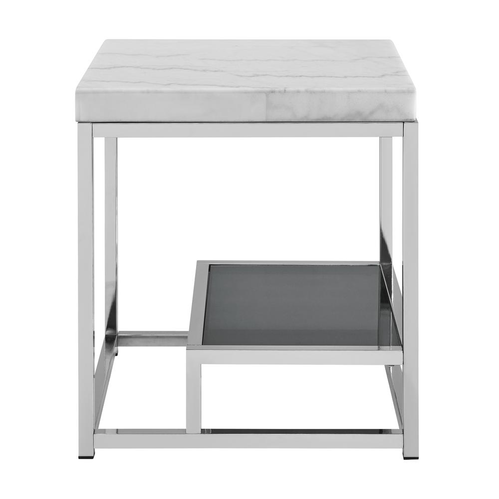 Start2Finish Aston white marble top end table with wooden legs, showcasing sleek modern design and smooth marble surface.