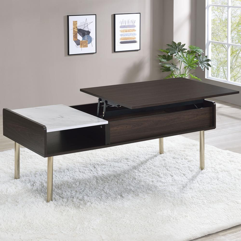 Start2Finish Carrie lift-top coffee table with wood finish, showing the open lift-top revealing storage space and sleek design.