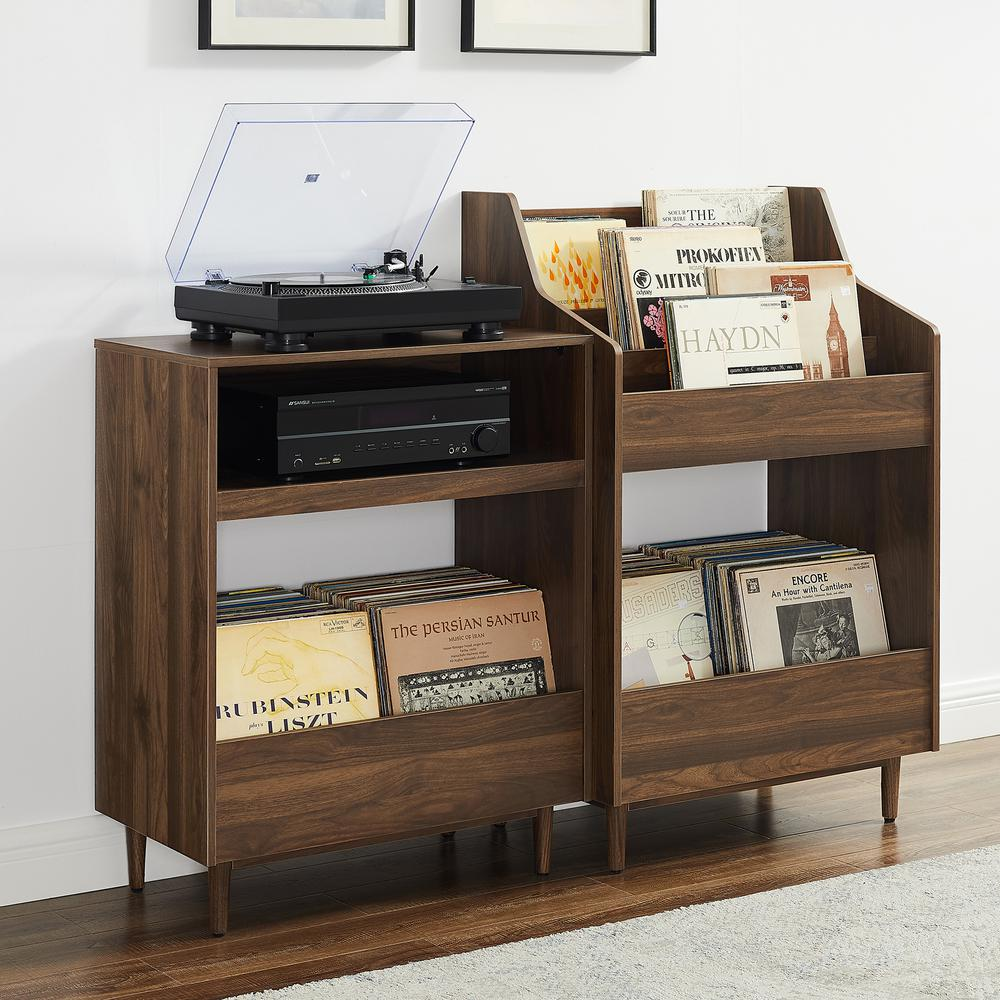 Start2Finish Liam 2-Pcs record player stand and vinyl storage set, showing modern furniture with shelves for records and audio equipment.