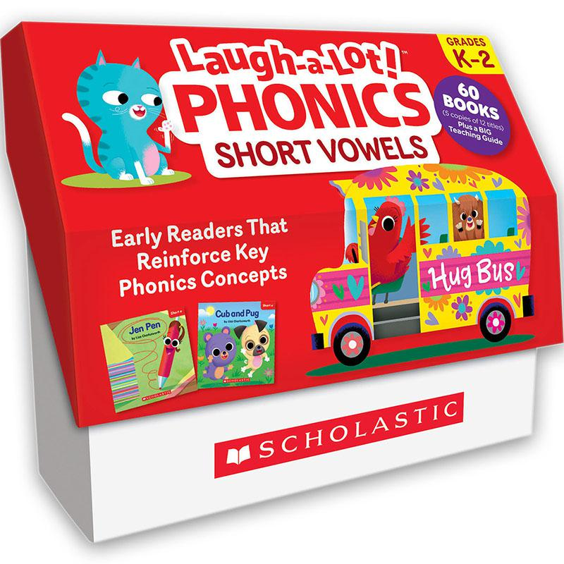 Start2Finish Laugh-A-Lot Phonics classroom book set featuring colorful short vowel illustrations and engaging educational content.