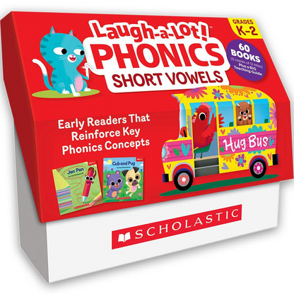 Start2Finish Laugh-A-Lot Phonics classroom book set featuring colorful short vowel illustrations and engaging educational content.