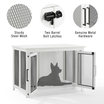 Start2Finish Dane Credenza Dog Crate with sleek wooden design and metal mesh doors, suitable for stylish pet housing.