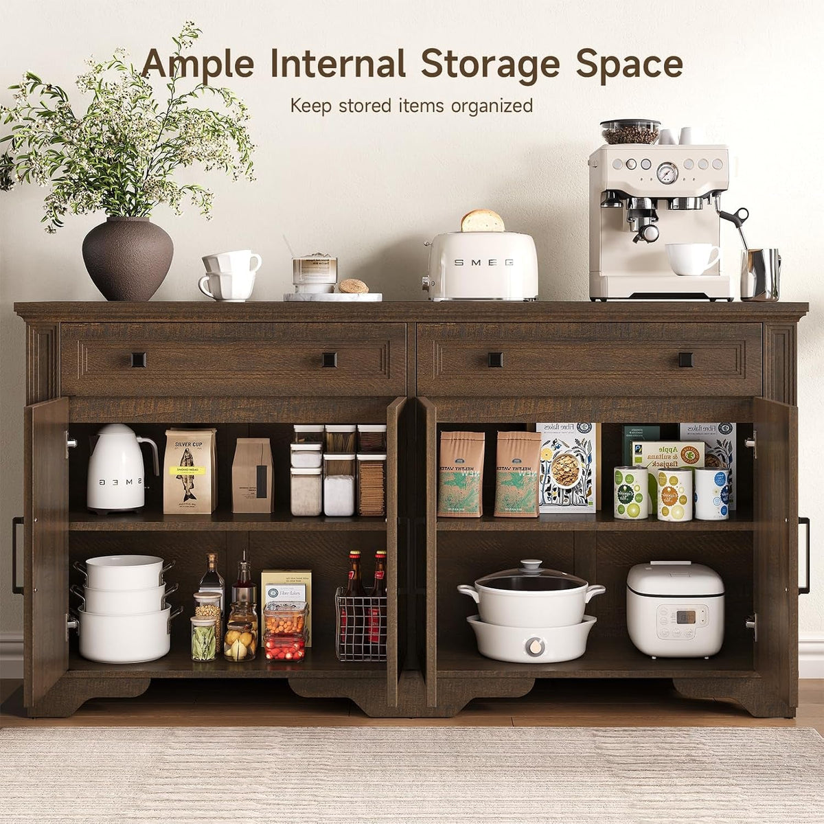 63 Inch Brown Country Style Sideboard Storage Credenza