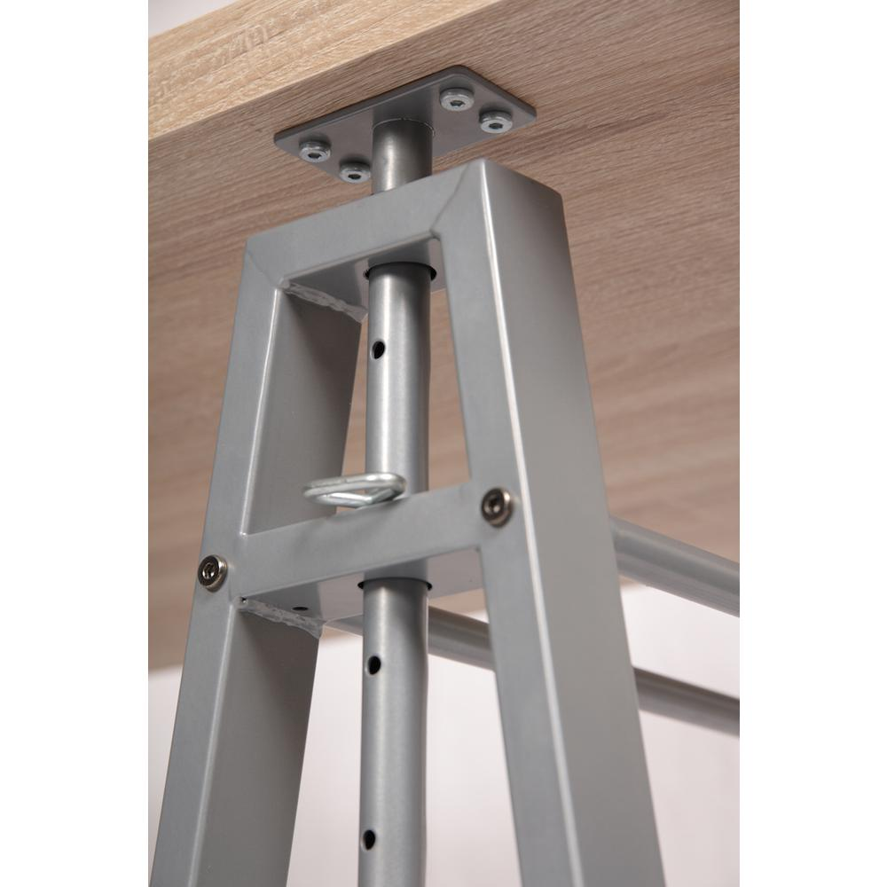 Start2Finish Kyndall Laine Select Model KYLN22 adjustable height desk with metal base, showing the sleek wooden tabletop and sturdy support.