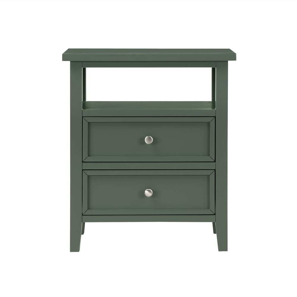 Vintage green Start2Finish Walker 2-drawer nightstand with wooden legs and classic furniture design.