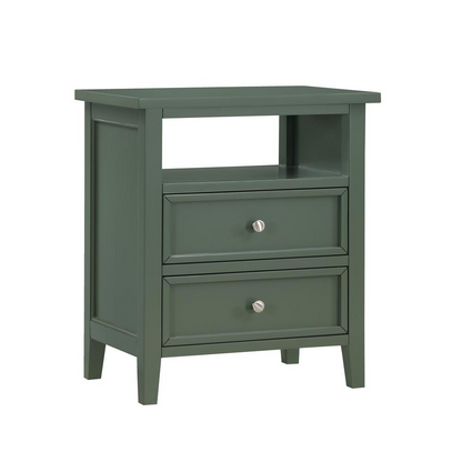 Vintage green Walker nightstand with two drawers, made of furniture by Start2Finish, showcasing a classic bedroom storage piece.
