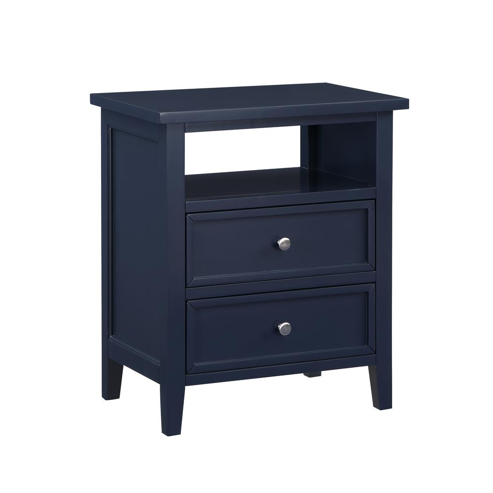 Midnight blue Start2Finish Walker 2-drawer nightstand with sleek furniture design and modern handles, close-up view of drawers.