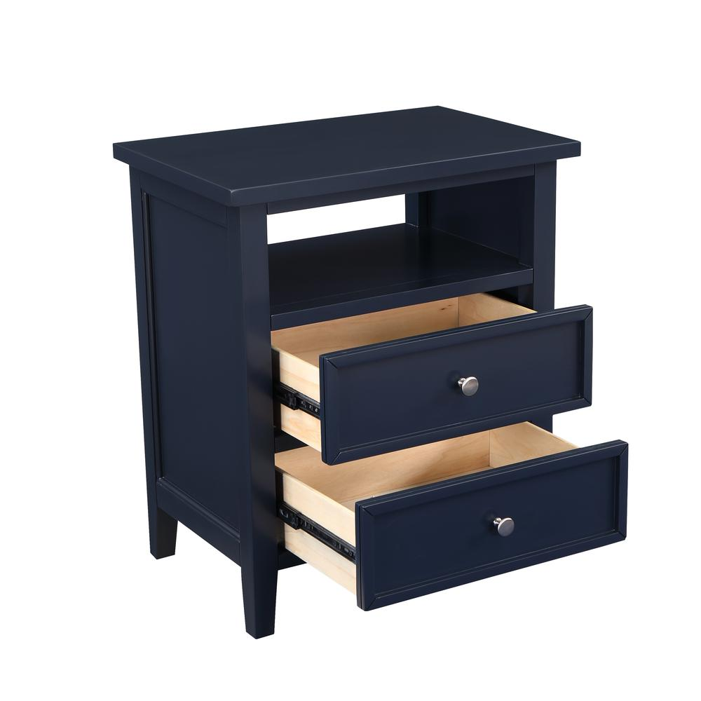 Midnight blue Start2Finish Walker 2-drawer nightstand with sleek furniture design and modern hardware, shown with a smooth surface.