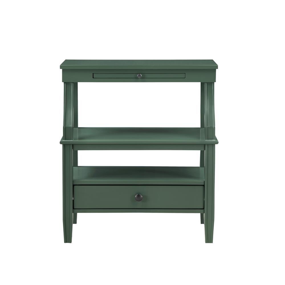 Vintage green storage nightstand by Start2Finish with a classic design, featuring a drawer and open shelf for bedroom organization.