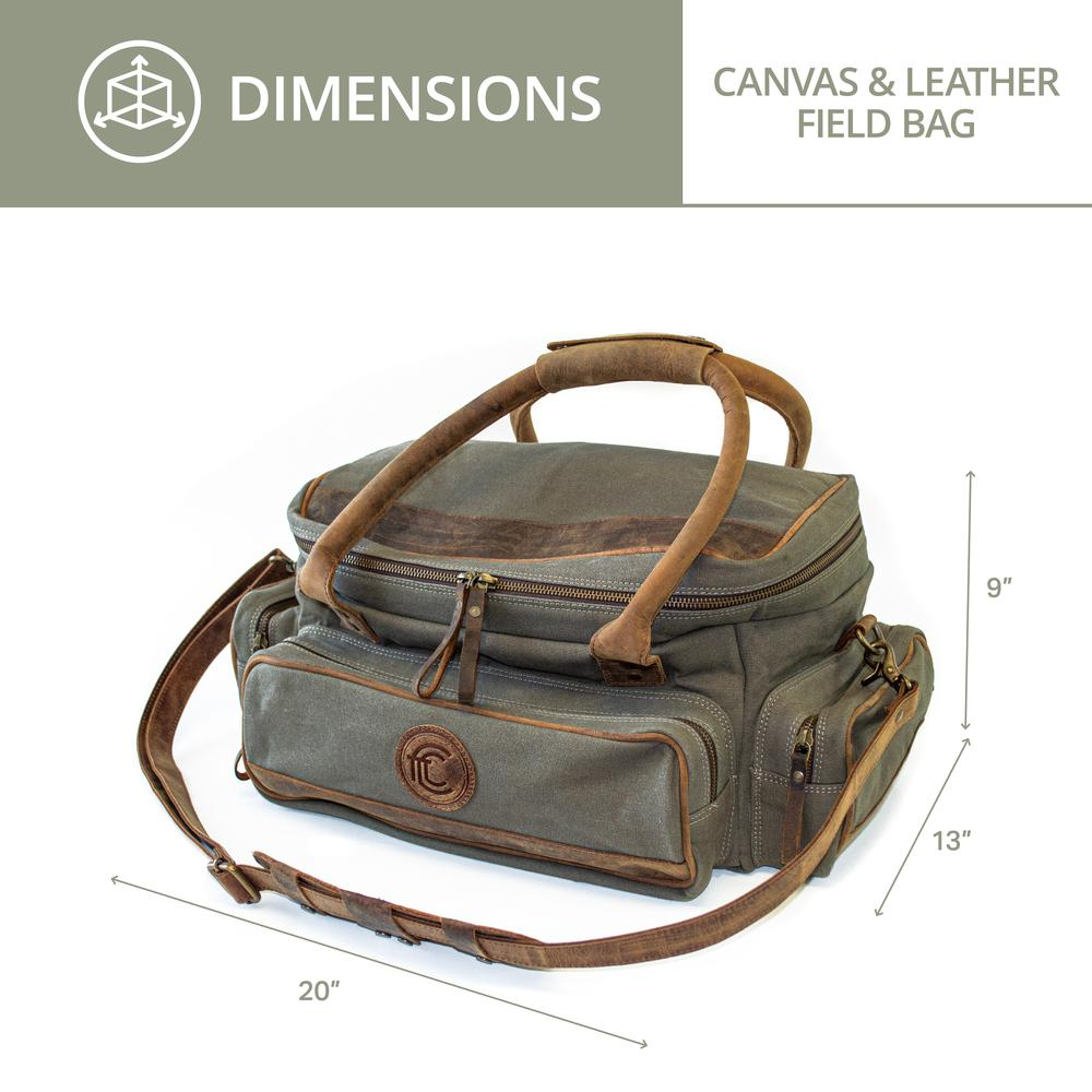 Start2Finish canvas and leather field bag with multiple compartments, rugged design, perfect for outdoor accessories.