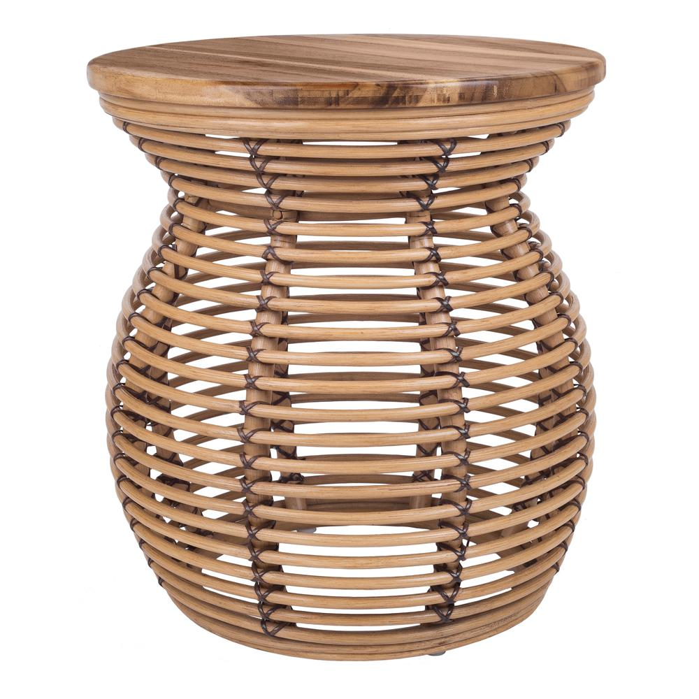 Start2Finish Quito rattan side table with wood top, showcasing woven rattan frame and sturdy wooden surface.