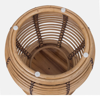 Start2Finish Quito rattan side table with wood top, showcasing a woven rattan frame and a smooth wooden surface.