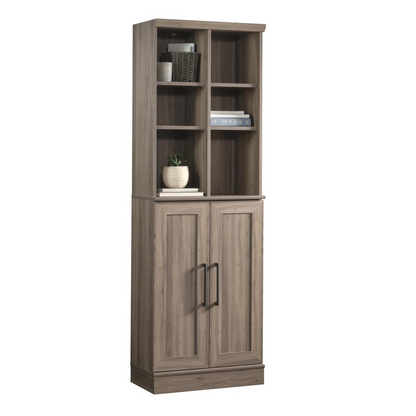 HomePlus storage cabinet in salt oak finish with doors and shelves, by Start2Finish, showcasing its wood grain texture and compact design.