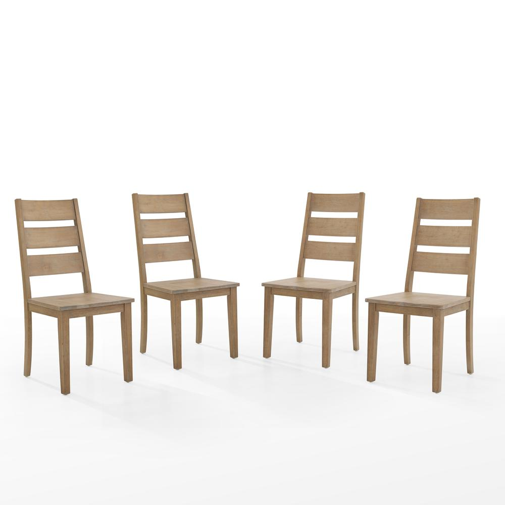 Set of four Joanna ladder-back dining chairs by Start2Finish with wooden frames and woven seats, arranged around a dining table.