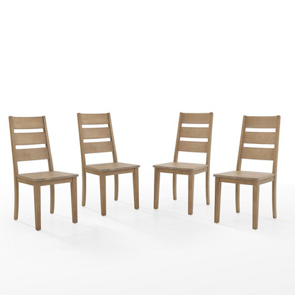 Set of four Joanna ladder-back dining chairs by Start2Finish with wooden frames and woven seats, arranged around a dining table.