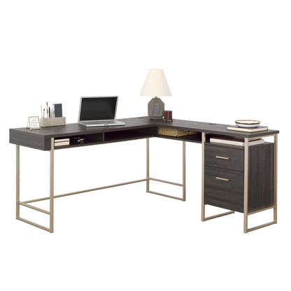 Start2Finish Walter Heights L Desk with Blade Walnut finish, showcasing its spacious surface and modern design.
