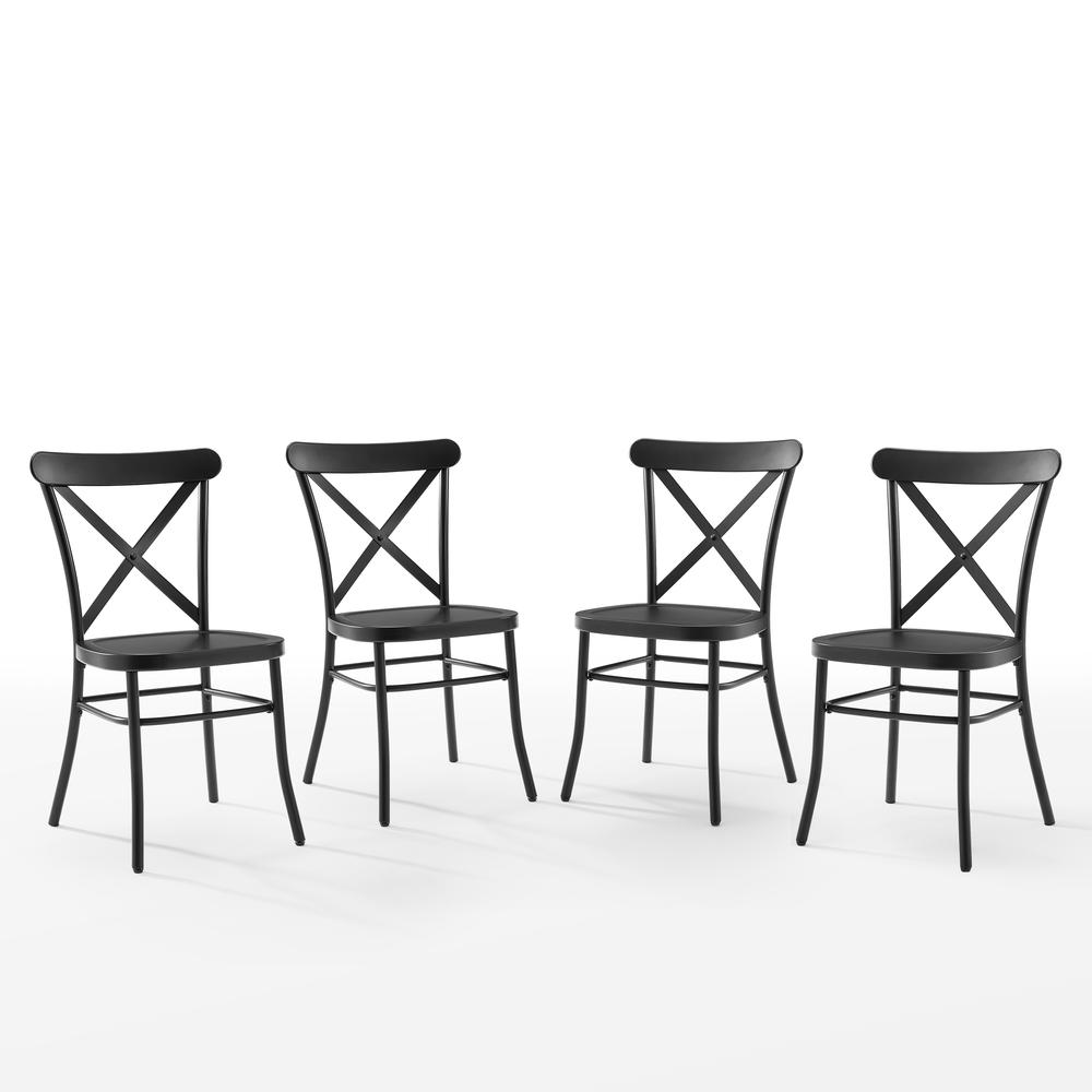 Set of four Start2Finish Camille metal dining chairs with sleek design and sturdy frames, ideal for modern kitchen or dining room.