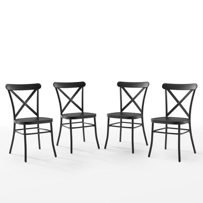 Set of four Start2Finish Camille metal dining chairs with sleek design and sturdy frames, ideal for modern kitchen or dining room.