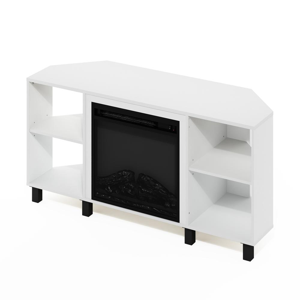 Start2Finish Jensen corner fireplace TV stand in solid white with four open compartments, modern furniture for living room entertainment.