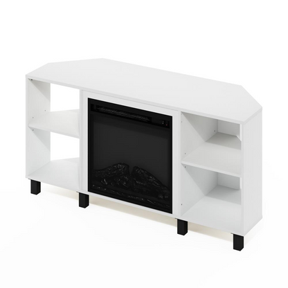 Start2Finish Jensen corner fireplace TV stand in solid white with four open compartments, modern furniture for living room entertainment.
