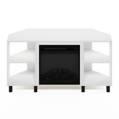 White Jensen corner fireplace TV stand by Start2Finish with four open compartments and a modern furniture design.