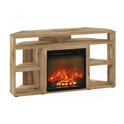 Start2Finish Jensen Corner TV Stand with fireplace for 55-inch TVs in Flagstaff Oak, featuring storage compartments and modern design.
