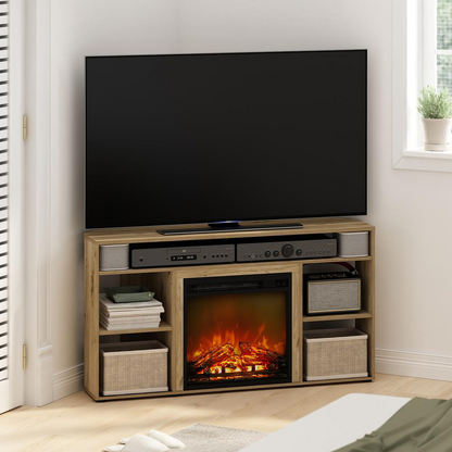 Start2Finish Jensen Corner TV Stand with Fireplace, for TVs up to 55 inches, in Flagstaff Oak, featuring storage compartments and a cozy fireplace.