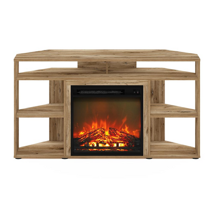Jensen Corner TV stand with fireplace for 55-inch TVs in Flagstaff Oak by Start2Finish, featuring storage shelves and modern design.