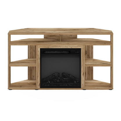 Jensen corner TV stand with fireplace in Flagstaff Oak, designed for TVs up to 55 inches, from Start2Finish.