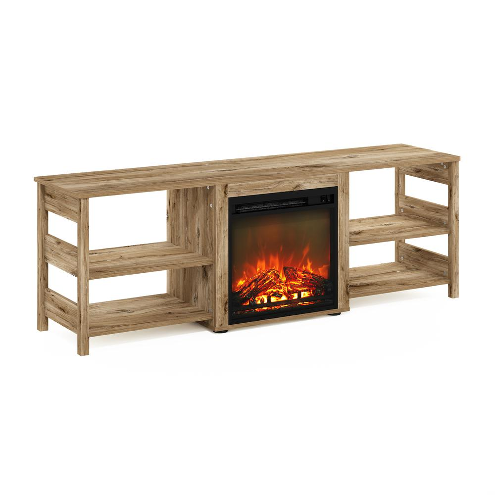 Start2Finish Classic 70-inch TV stand with fireplace in Flagstaff Oak, showcasing a spacious design with storage compartments and a modern finish.
