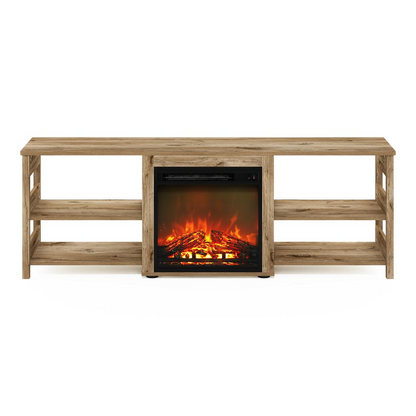 Start2Finish Classic 70-inch TV stand with fireplace in Flagstaff Oak finish, featuring storage cabinets and modern design.