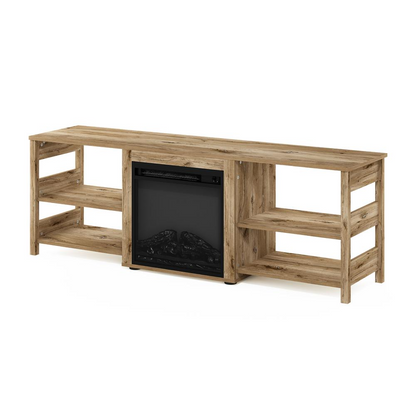 Start2Finish Classic 70-inch TV stand with fireplace in Flagstaff Oak, showcasing wood grain finish and spacious storage compartments.